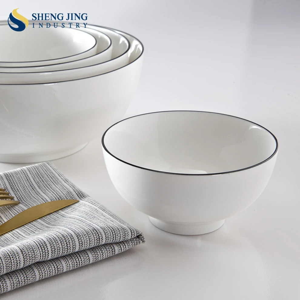 Shengjing Western Ceramic Tableware Wholesale Creative White Black Rim Porcelain Soup Rice Bowl Hotel Restaurant