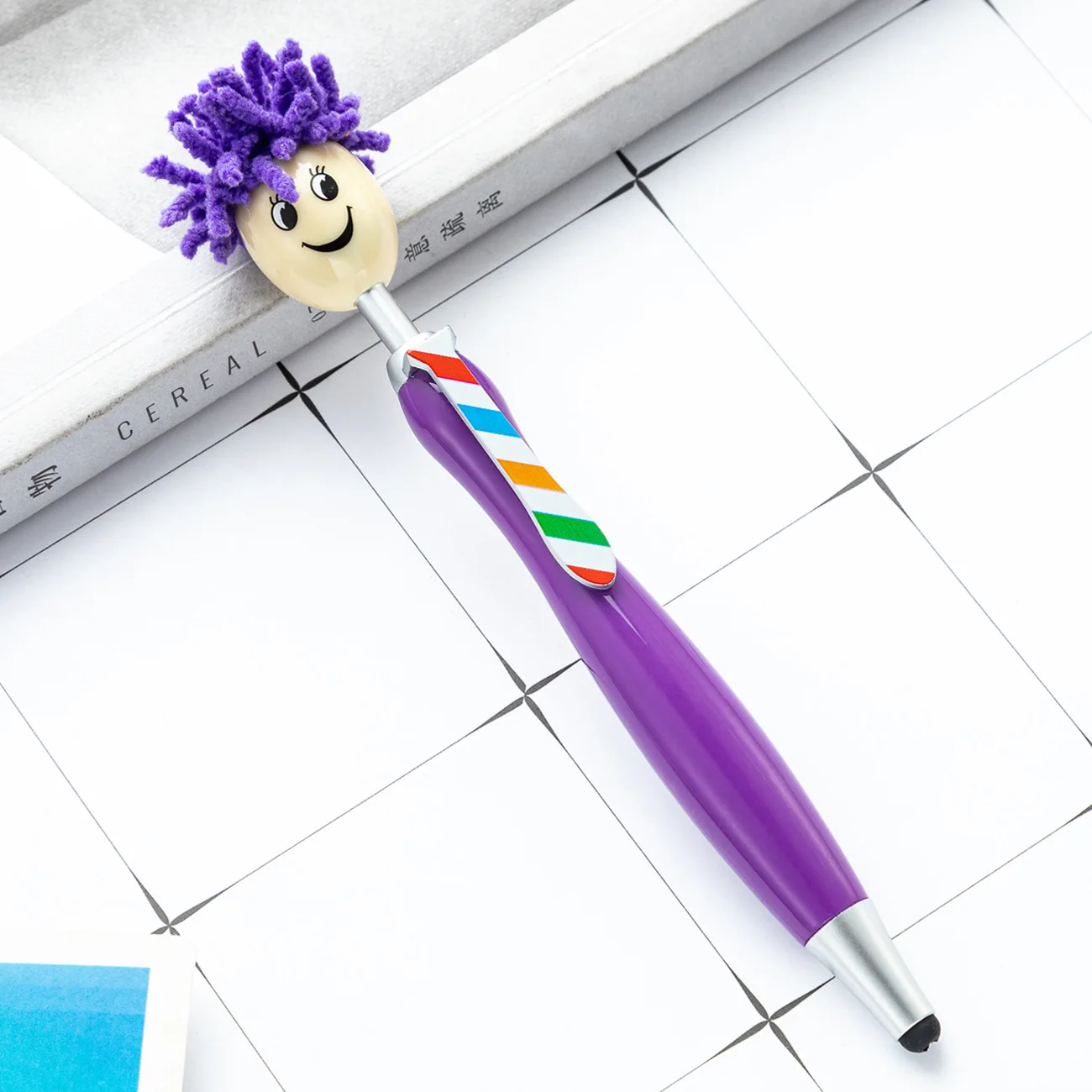 Promotional Novelty Plastic 2 in 1 Ball Pen Hot Selling Cute Doll Head Ballpoint Pen With Stylus For Phone/ipad