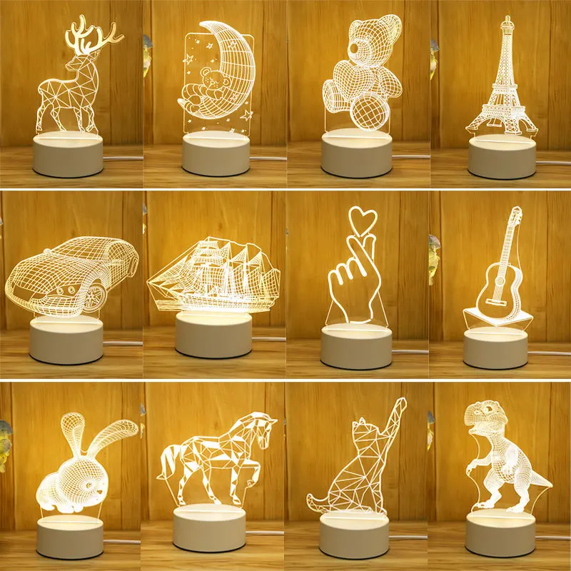 Custom Christmas Gift Motif 3D Color Printing Design Acrylic Material Board LED Night Light with Wooden Base