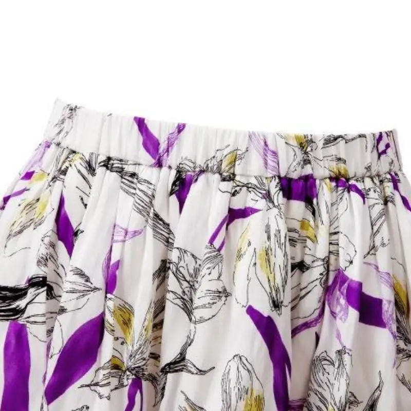 Summer Vacation Lily Pattern Trending Women Cotton Woven Drawstring Floral Printing A-line Midi Skirt Ladies