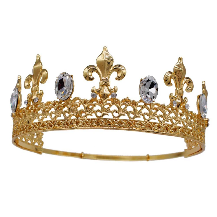 Retro baroque  gold crown large full round diamond prince king men crown for Wedding Cosplay Prom Party