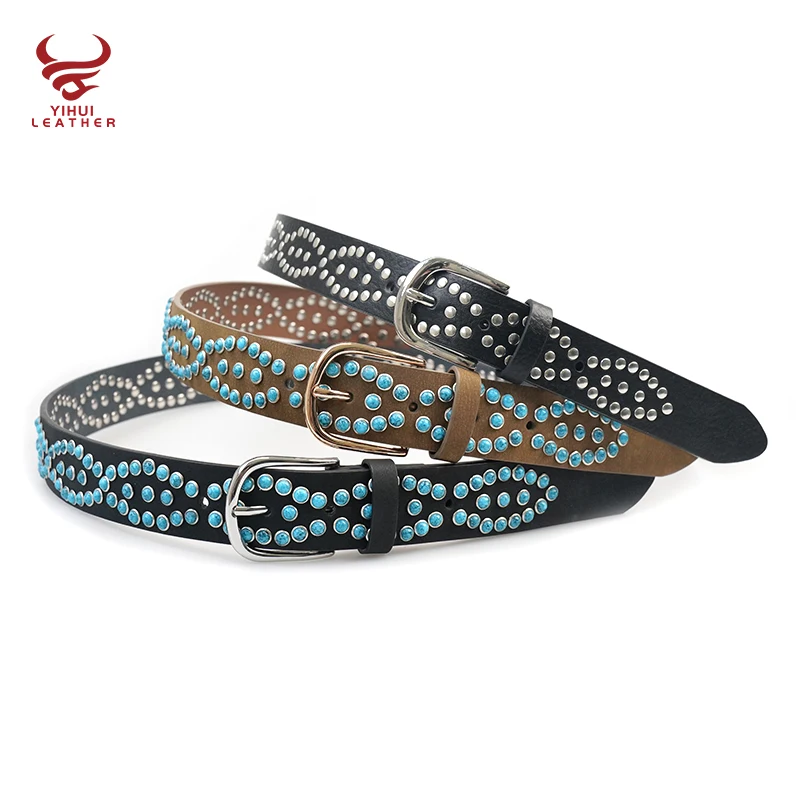 Western Handmade Pin Buckle Vintage Concho Belt Women Wholesale Western Faux Leather Retro Studded Turquoise Stones Jeans Belt