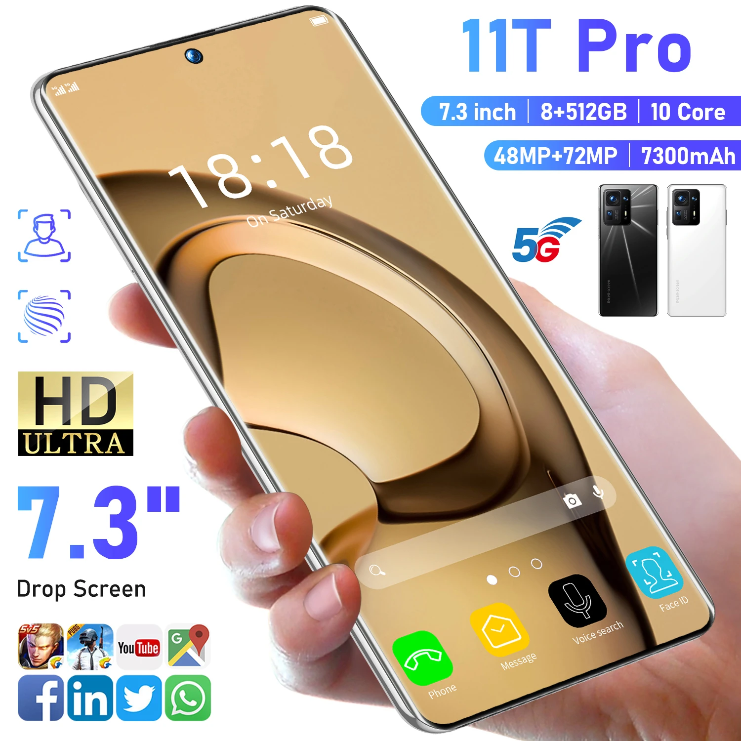 7.3 inch Unlocked Mobile phones 3 sim card 8gb+512gb Android Smartphone for 11T Pro