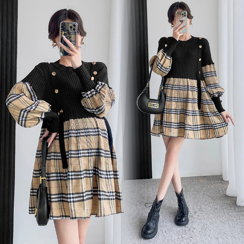 Wholesale High Quality Knit Panel Balloon Sleeves Maternity Elegant Lady Long Sleeve Short Sexy Woman Casual Dress