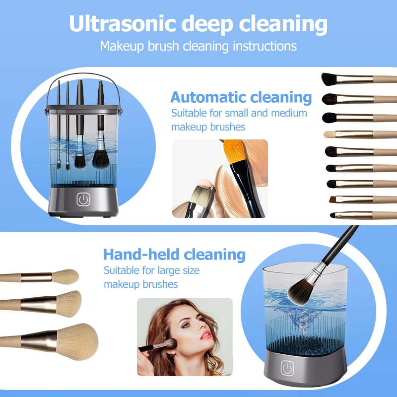 Wireless portable rechargeable automatic cosmetic makeup brush cleaner dryer machine with silicone cap home use