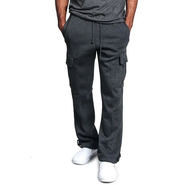 Custom Logo Designer Solid Fleece Heavyweight Trousers Man Cotton Polyester Multi-Pocket Loose Cargo Sweat Pants Men