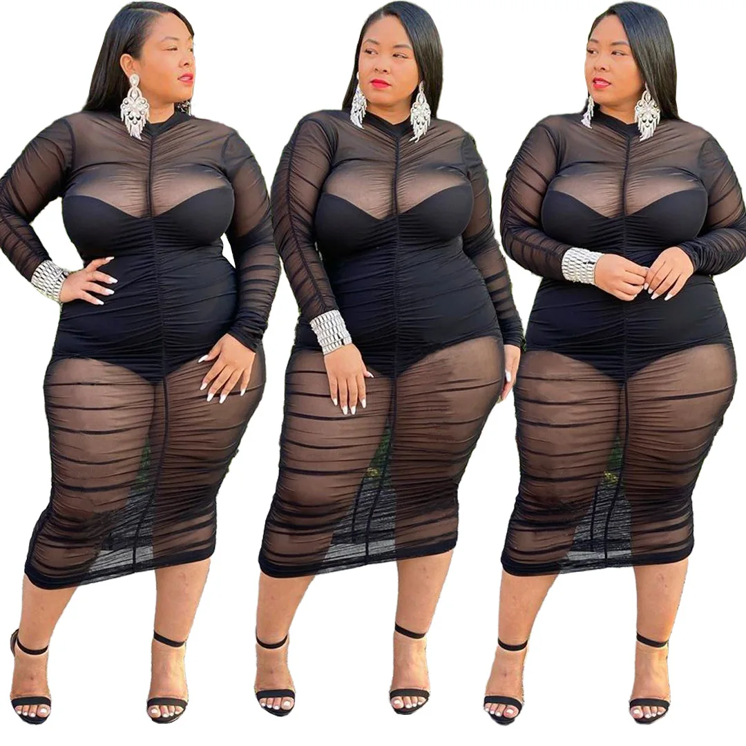 2021 Fashion Fat Lady 2 Piece Set Clothing See through Mesh Pleated Sexy Plus Size Women Dress for Club
