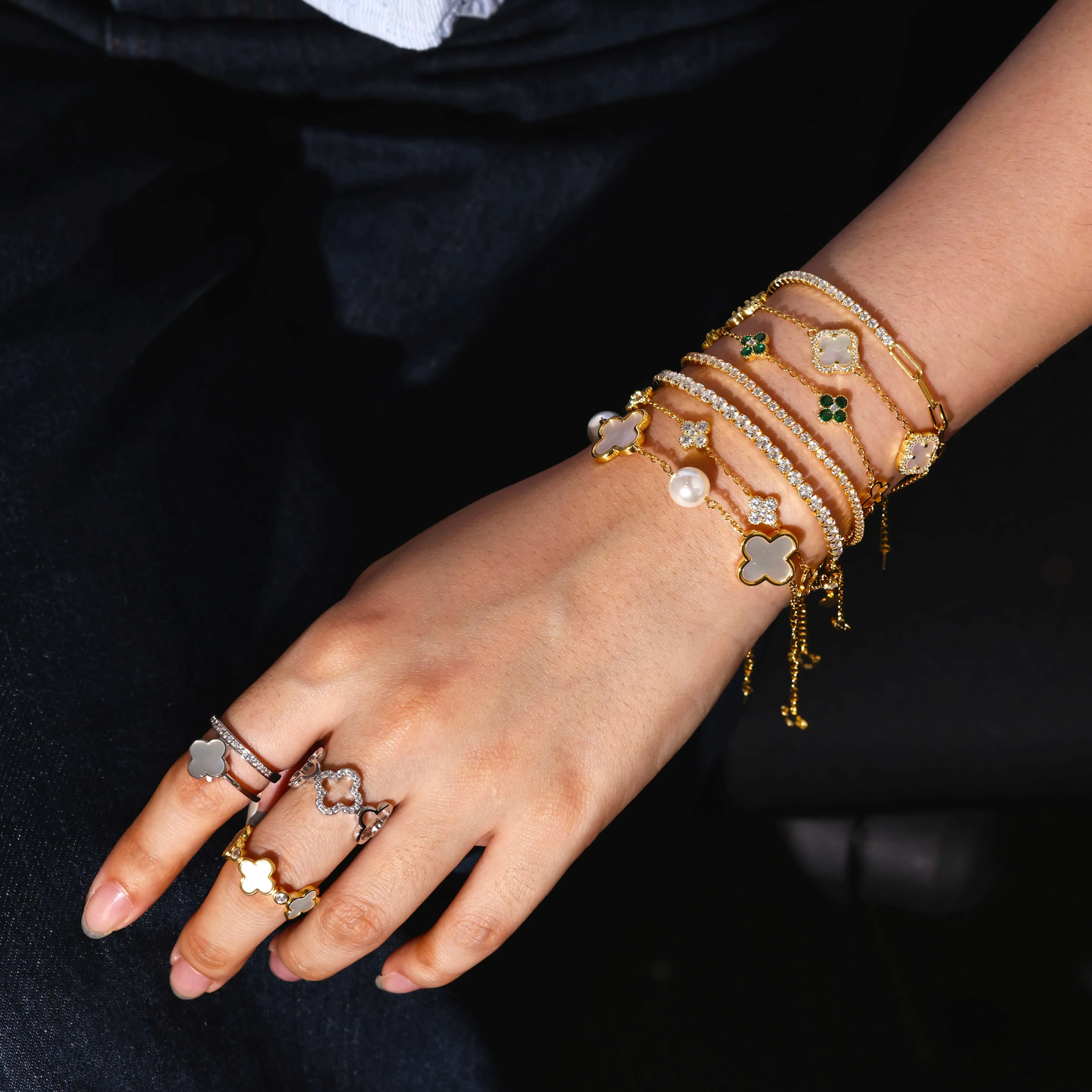 5A CZ S925 Silver Jewelry Set Onyx Emerald Link Chain Bracelet Femme Four Leaf Clover Bracelets Women Man