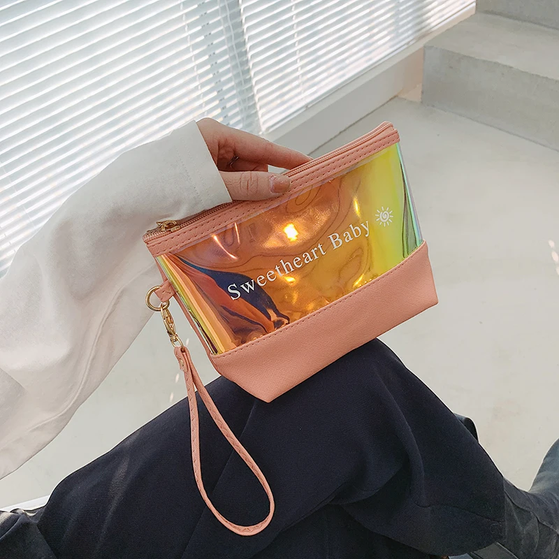 Wholesale Vegan Holographic Transparent Custom Makeup Bag Cosmetic High Quality Clear Design Your Own Logo Cosmetic  bag