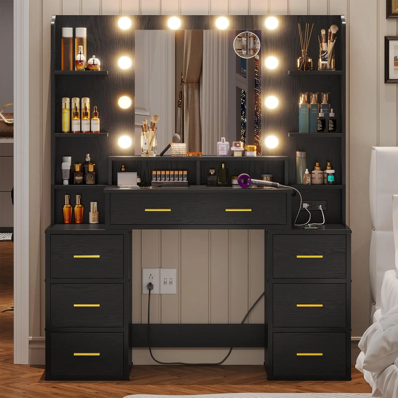 Makeup Vanity Table with Lights Charging Station and 10x Magnifying Mirror with 8 Drawers Makeup Desk Vanity for bedroom