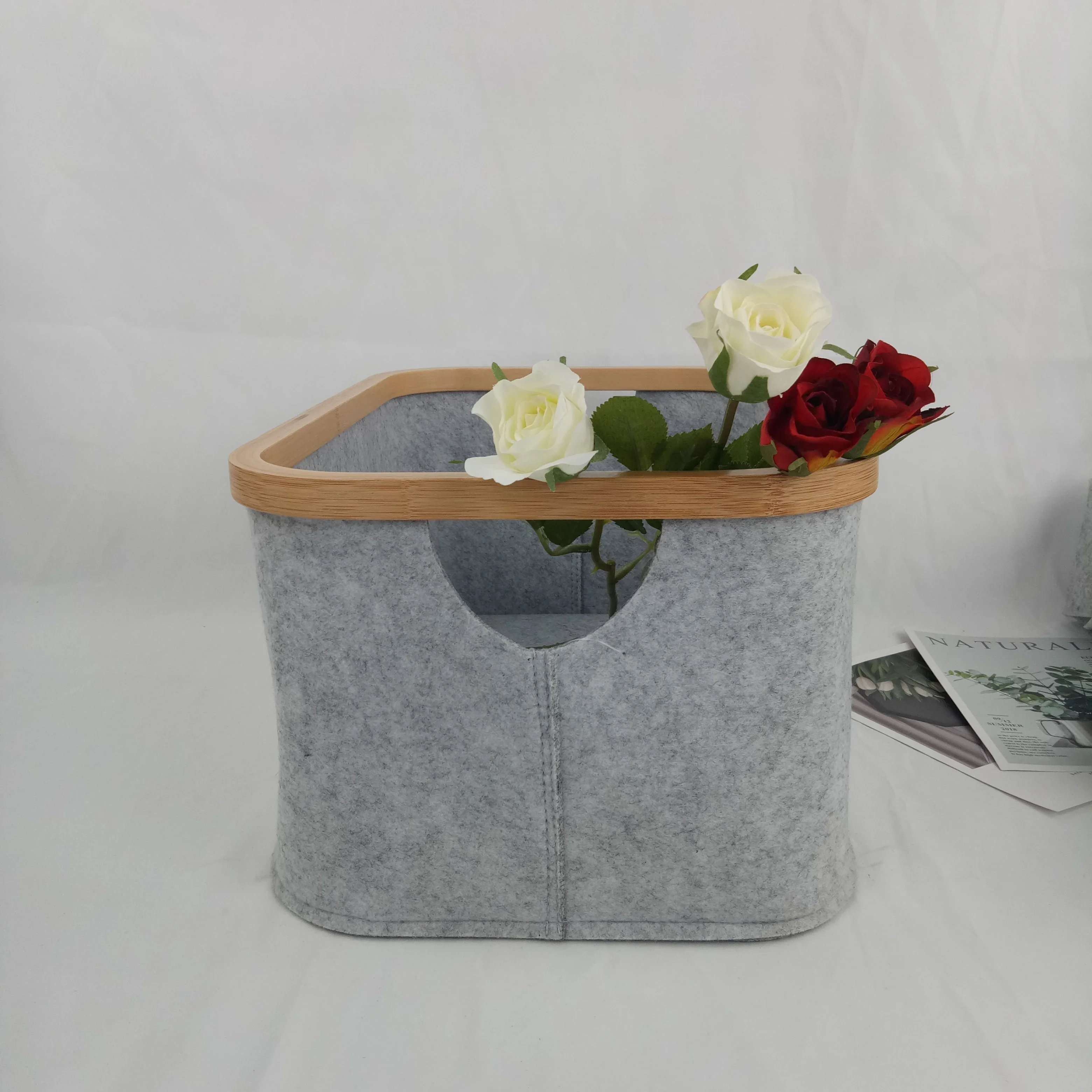 Collapsible laundry Bamboo frame eco-friendly Felt Storage Basket for Shelves Closet Customizable logo