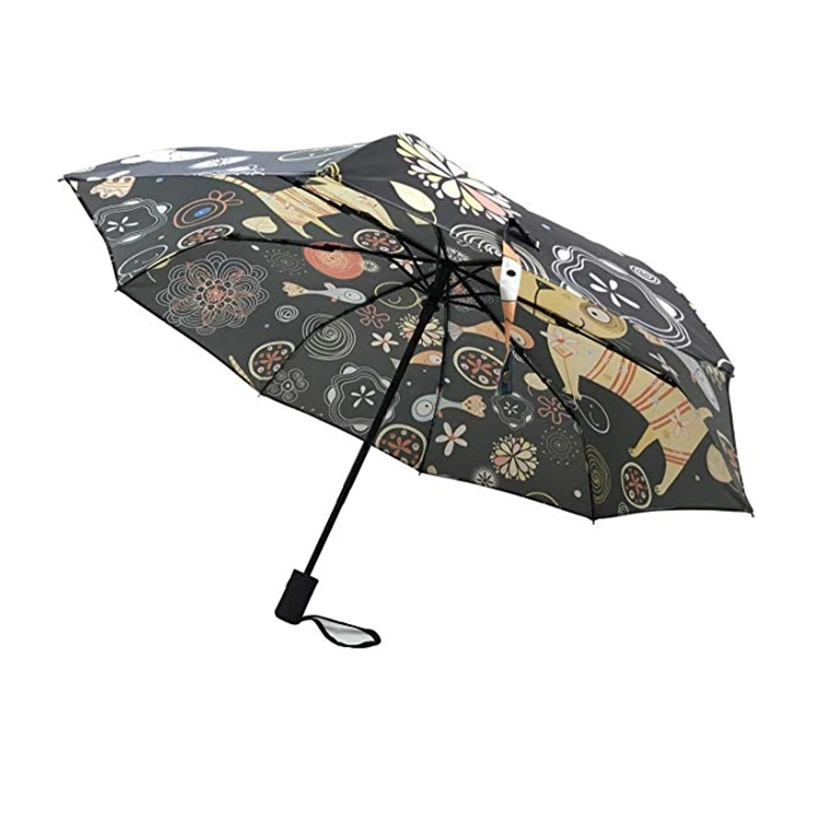 Auto-Open 3-Fold Black UV Umbrella African Pattern Custom Logo Print Flower Plastic Business Promotion Gift