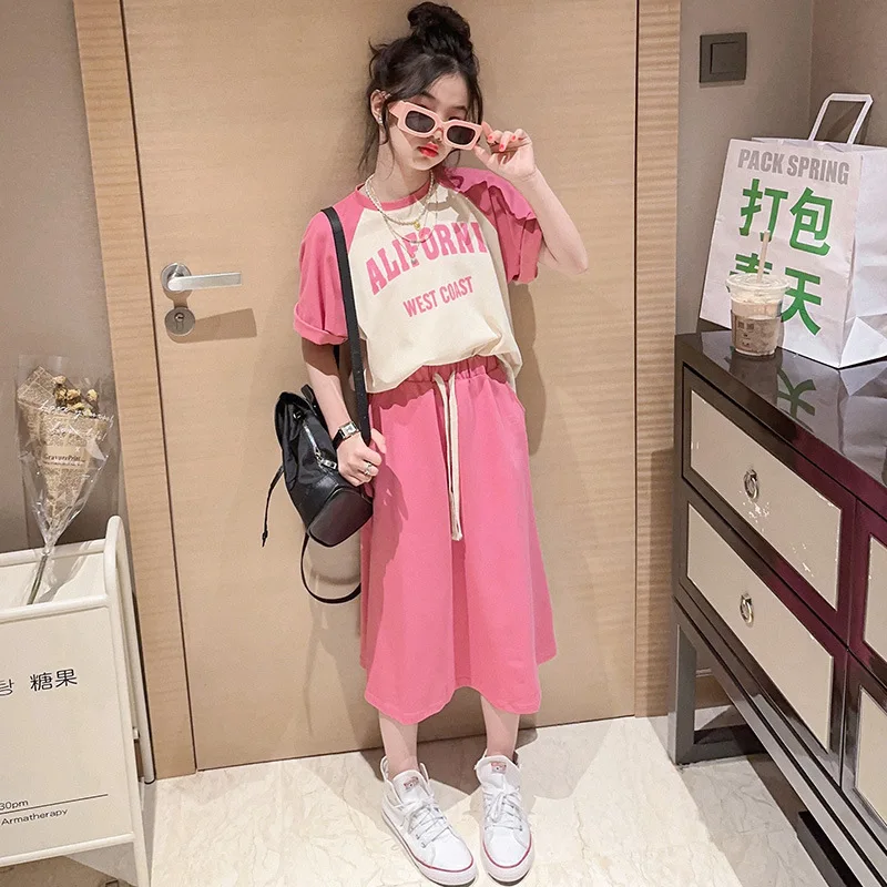 Explosive Model 2024 Summer Casual Children Clothes Set Short Sleeve Letter T-shirt Long Solid Skirt For 5-14 Years Old Teenager