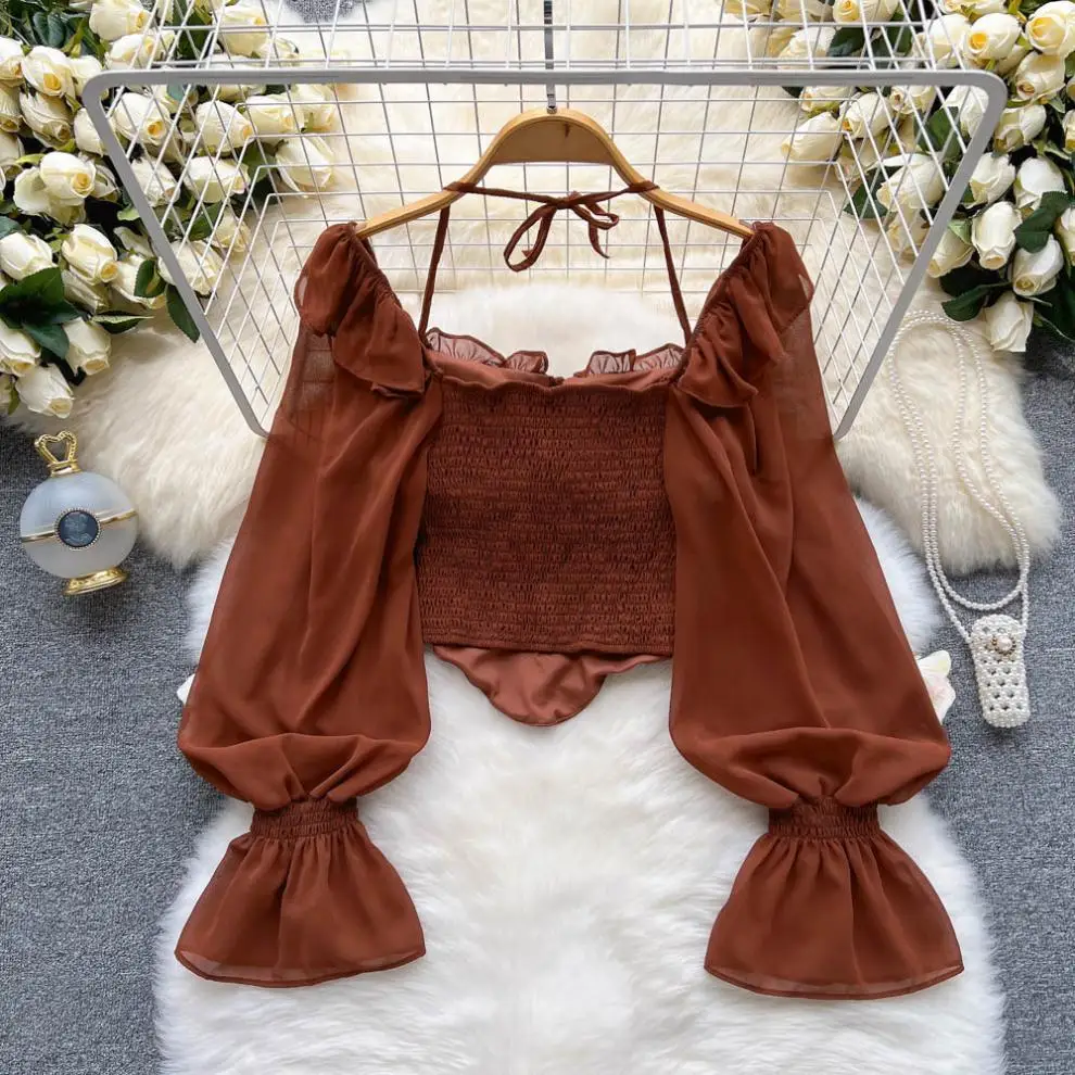 Liu Ming Fashionable Summer Sexy Flare Sleeve Ruffle Halter Backless Chiffon Slim Short Blouse
