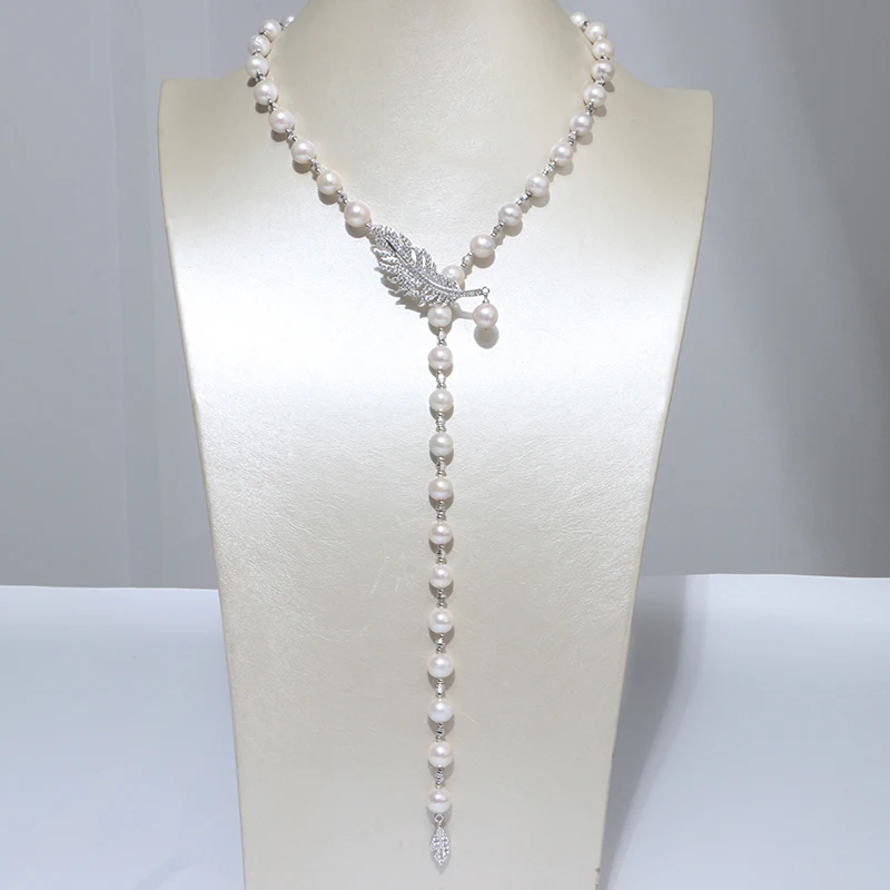 2020 luxurious design feather shape Rhodium zircon plated  long beaded baroque pearl necklace jewelry for women