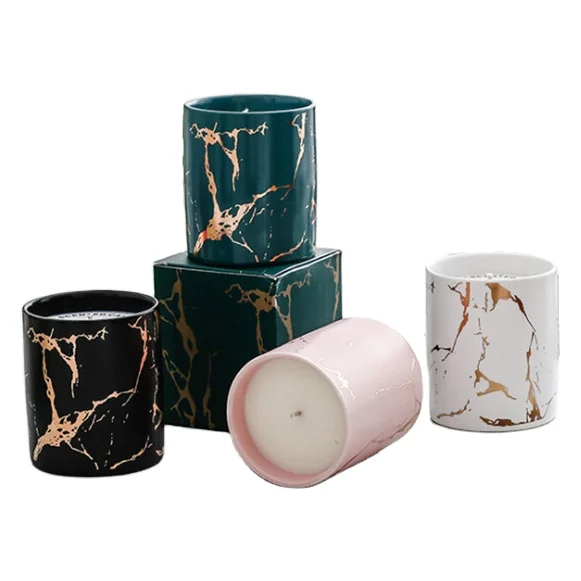 Factory direct selling candy container food storage jars custom two tone marble ceramic candle jar with lid