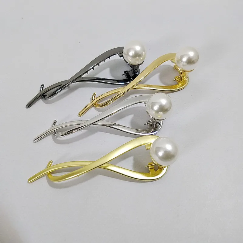 Metal pearl hair clips retro temperament ladies back head hairpin girls frog buckle hair accessories one word plate hair pin