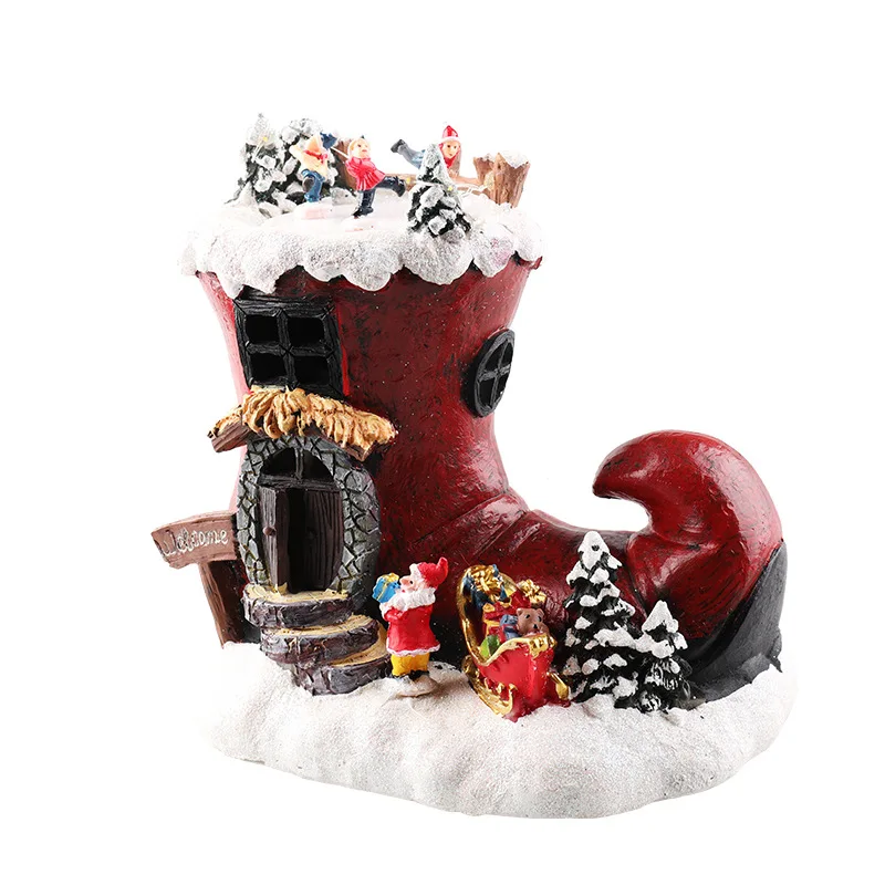 resin house electric music glow house christmas gift resin crafts Christmas Boots Village House LED Light Rotating Music Box