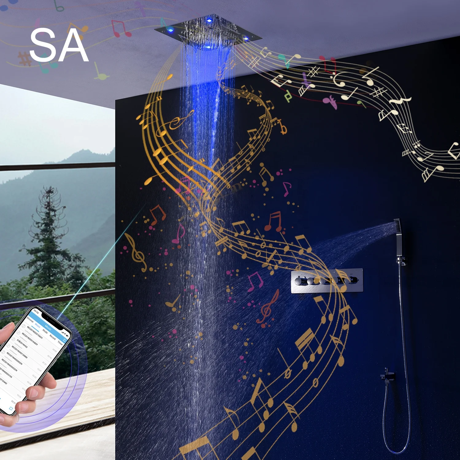 Salina 16 inches Rain and Waterfall Embedded Ceiling LED Music Shower Head Bathroom Thermostatic Shower Faucet Panel Set