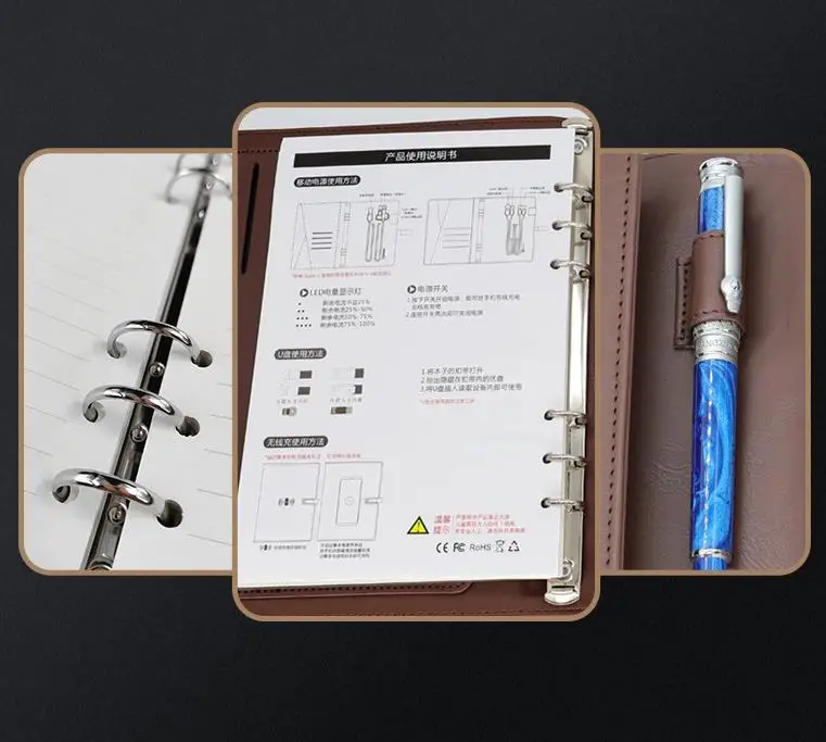 Multifunctional Business Notebook A4 Organizer with Fast Mobile Power Wireless Charging PVC Leather Cover for Gifts Diaries
