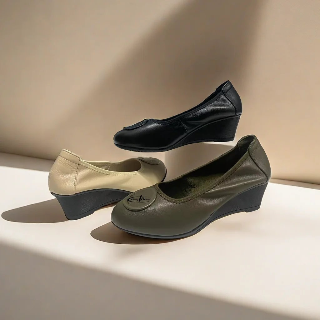 Grain cow leather Women 5cm wedges shoe Non-slip Soft Bottom Professional Work Shoes For Hospital Airline hotel ladies big size