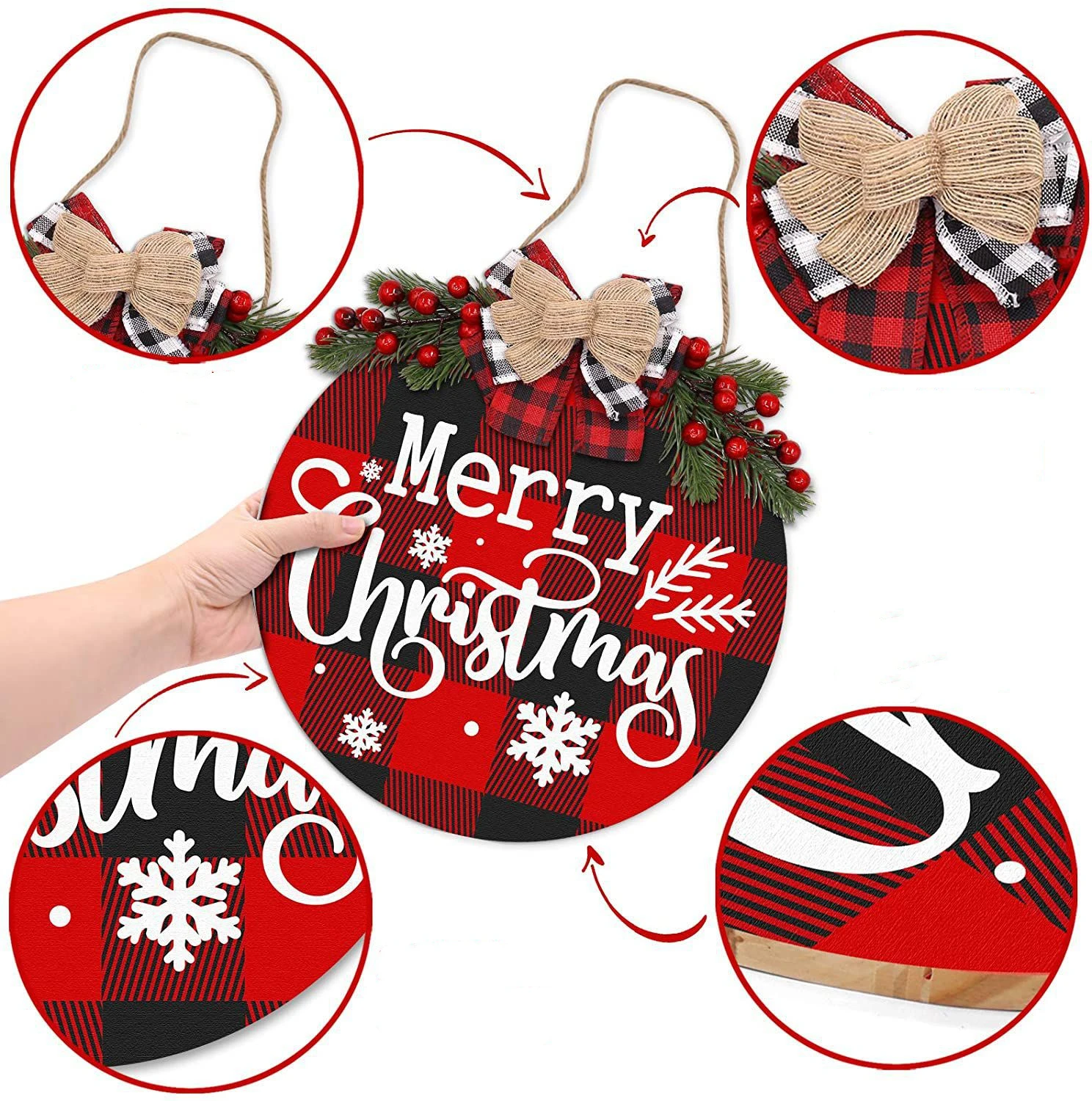 Christmas Round Wooden Door Wreath Sign Welcome Artificial Leaf Bow Decoration Holiday Front Door And Window Decoration Hanging