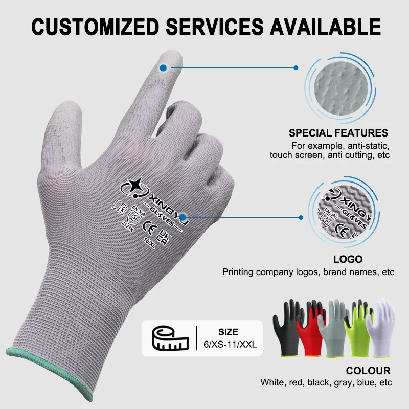 XINGYU Custom Gloves With Logo 13G Polyester  knitted grey pu palm safety gloves PU Coated Hand Work Gloves
