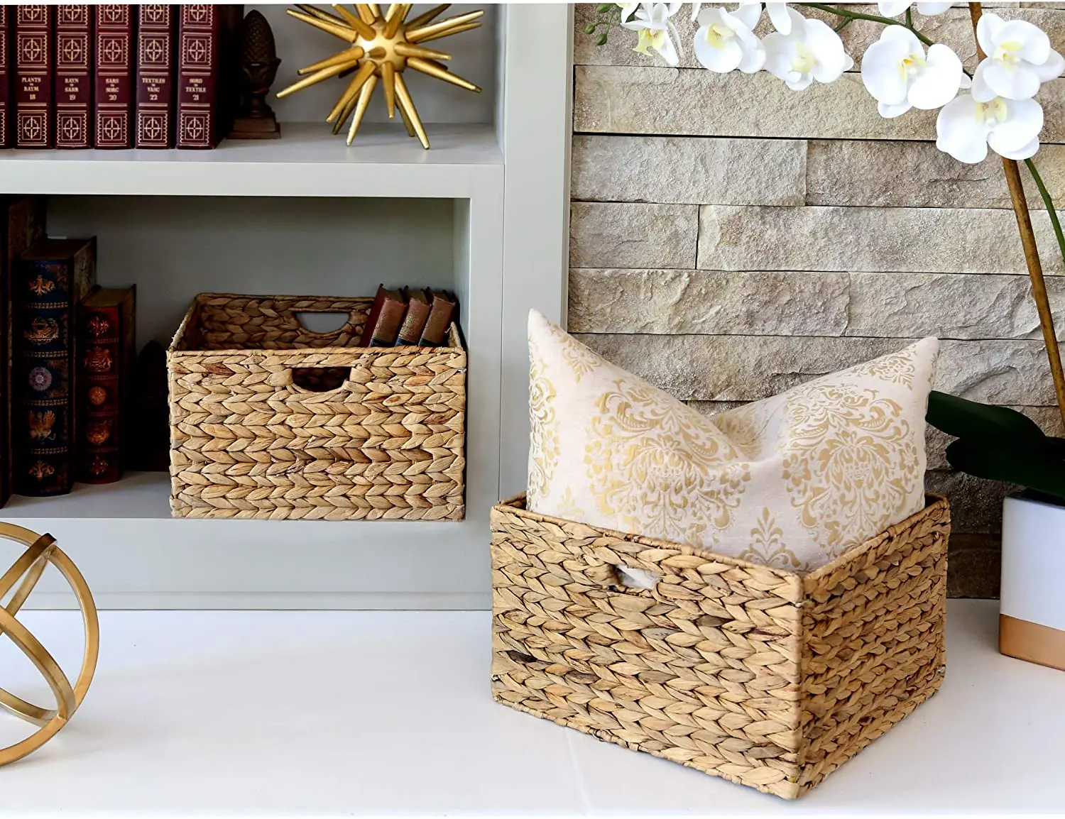 2022 Hot Sale Rectangular Foldable Handwoven Water Hyacinth Cube Storage Basket Bin