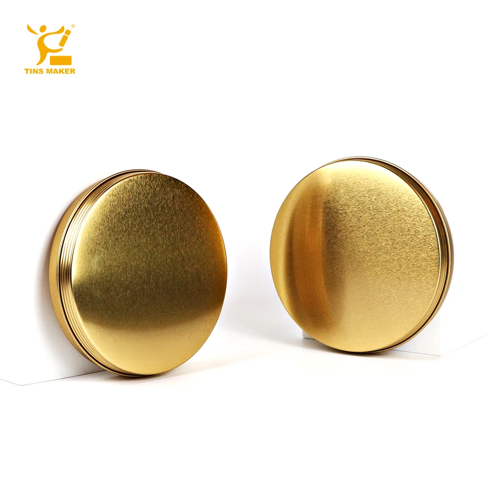 Eco friendly custom seamless print round metal box tin can 4oz gold black food grade candy tea aluminum tins