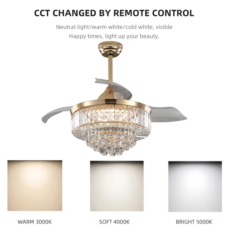 Room Decorative Air Cooling Indoor Crystal Chandelier Ceiling Fan With Light