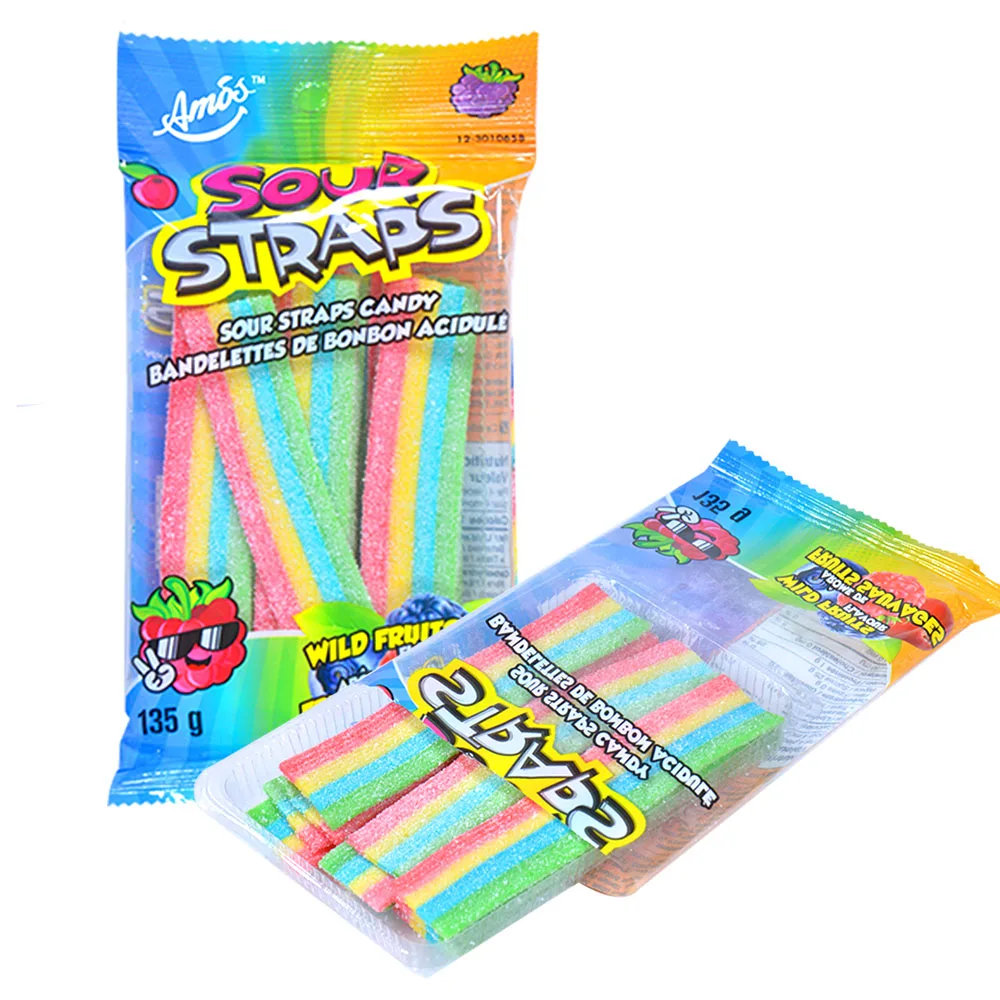 Амос 135 г упаковка оптовая продажа с сахарным покрытием рулон фруктовым ароматом разноцветный мягкий жевательные конфеты Радужный липкий пояс