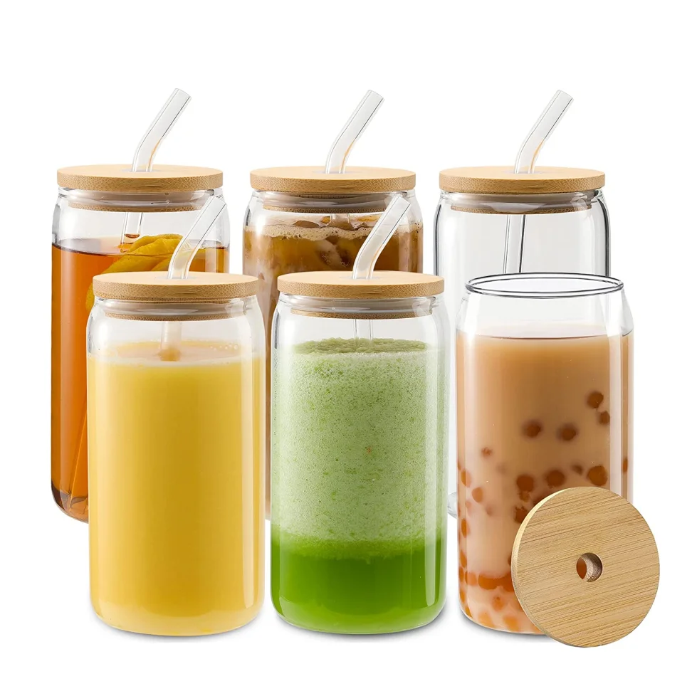 Eco Friendly Custom Logo Iced Juice Soda Mason Jar with Bamboo Wood Lid Stainless Steel Metal Bamboo Glass Straw Mason Cups