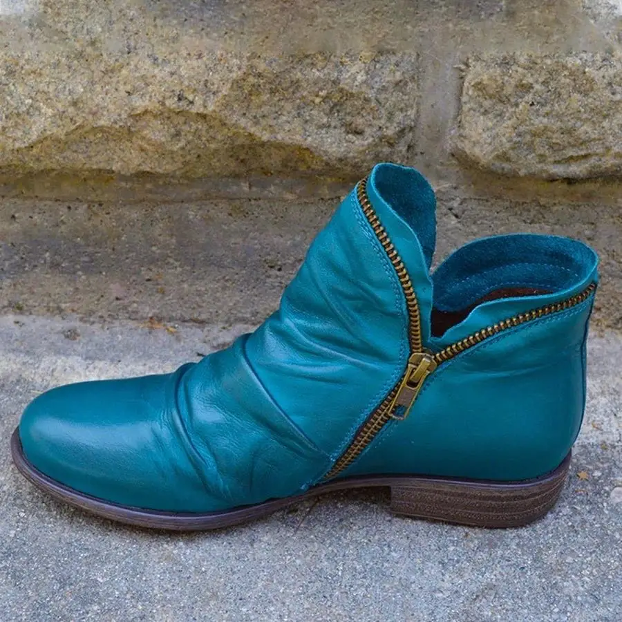 Women PU Leather Ankle Boots Women Autumn Winter Zipper Vintage Women Punk Boots Flat Ladies Shoes Flat Short Snow Boots Mujer
