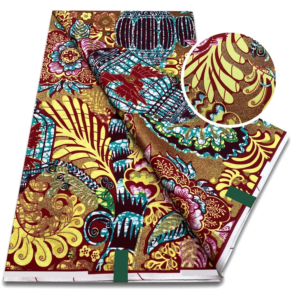 2024 new arrival 100% Cotton Super Glitter African Wax Printed dress fabric Wax fabric blue and orange 6 yards african