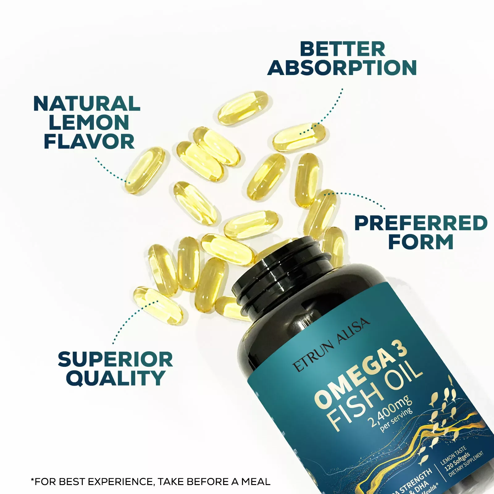 ETRUN ALISA OEM Omega -3 Fatty Acids 2400mg Fish Oil Softgel Daily Dietary Supplement Capsules