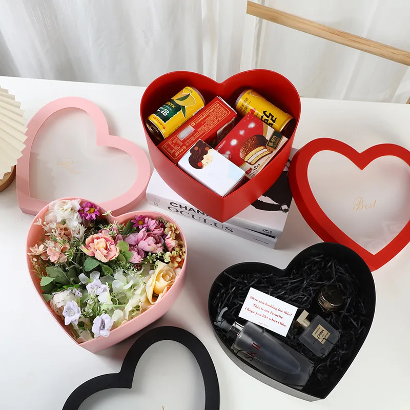 Custom Rigid Hard Cardboard Heart Shaped Box Custom Recyclable Eternal Rose Flower Storage Paper Boxes with Pvc Window
