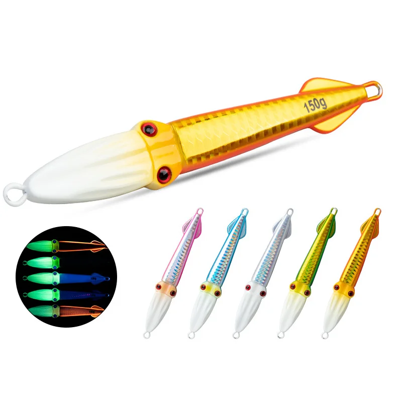 New 100g 150g Squid metal Jigs Shore Jigging Fishing Lure Bait Metal Lead glow Jigs Sea Bass game tuna fishing