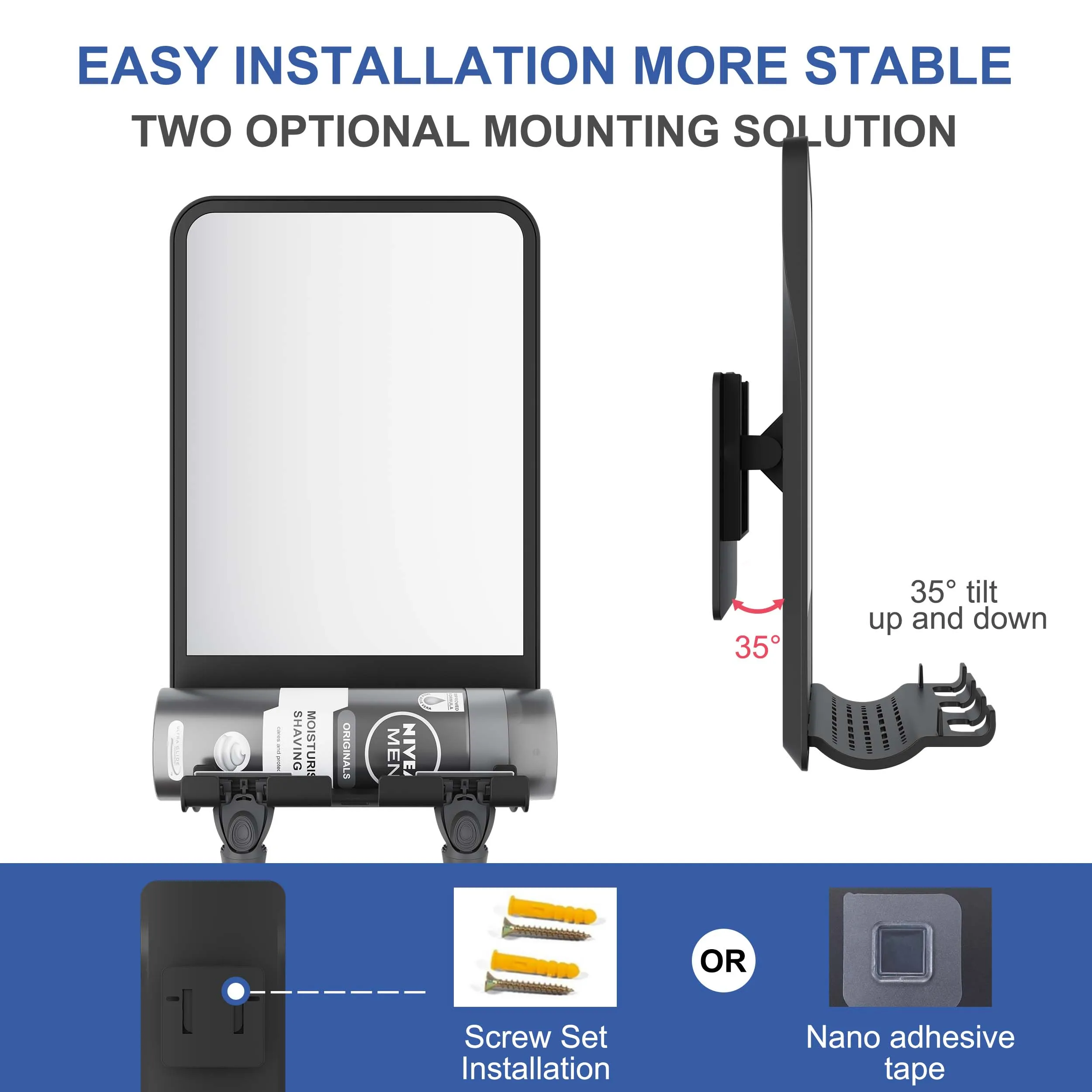 Upgraded Bathroom No-Drilling Razor Holder Adjustable Custom Logo Wall Mounted Anti Fog Makeup For Shaving Fogless Shower Mirror