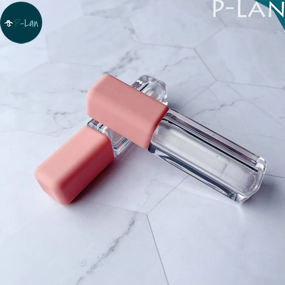 P-LAN Stock Ready Item Soft Touch Pink Grey Cap 2.5ML Empty Ligloss Bottle Square Mini Lip Gloss Tube Container With Doe Foot