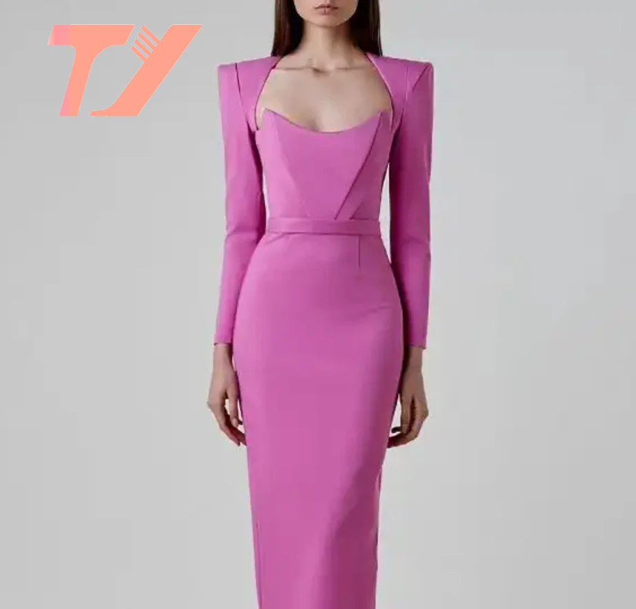 TUOYI Hot Sale Open Fork Elegant Ladies Solid Color Long Sleeve Women Pink Bandage Dress