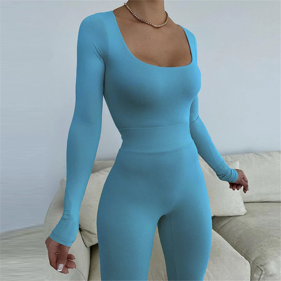 K21S07450 Fall Cuscom Logo Two Piece Legging Set Casual Sporty Long Sleeve Bodysuit Elastic Waist Pant Sets