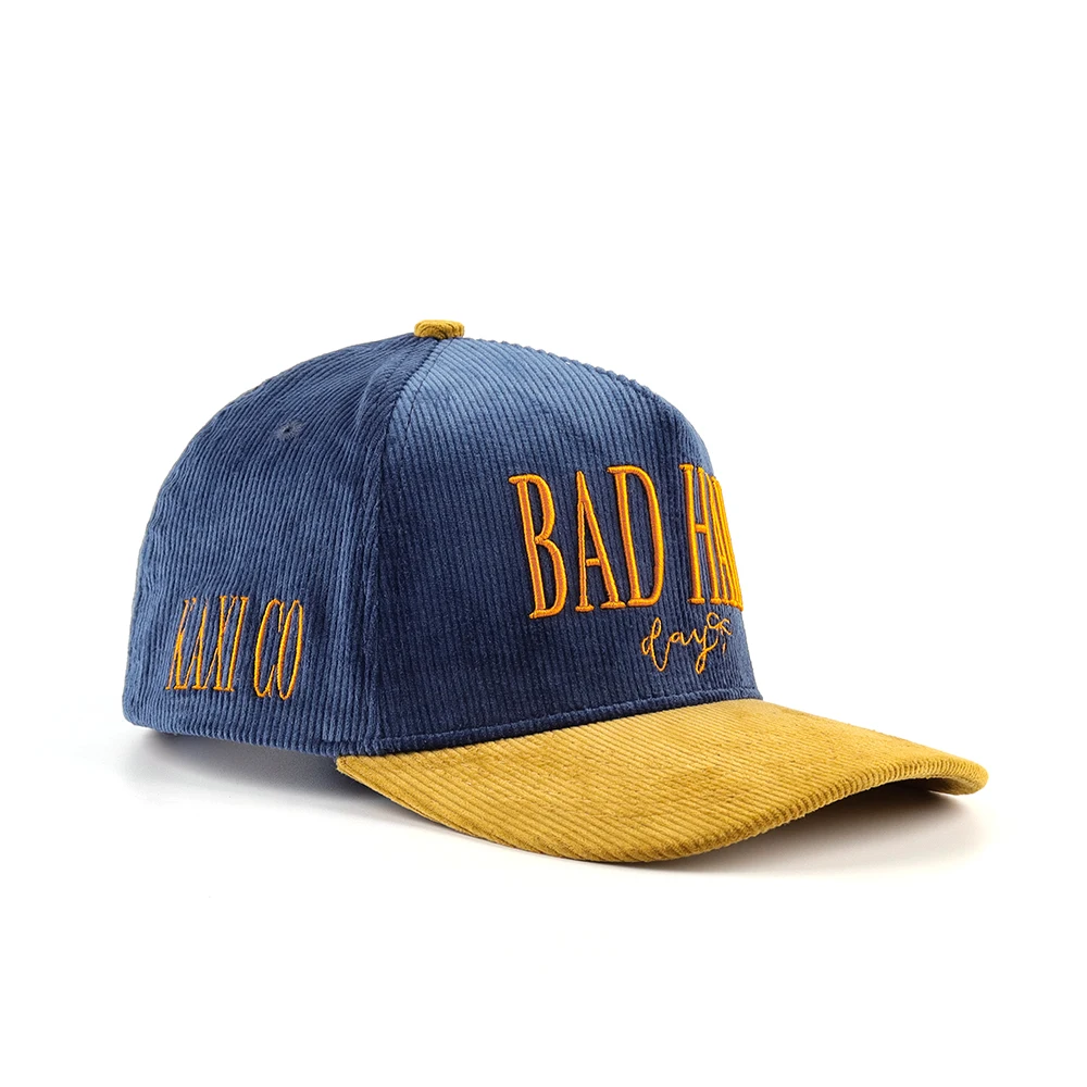 5 Panel Corduroy Baseball Cap Custom Gold 3d puff embroidery logo Adjustable Strap Two Tone Gorras Corduroy Dad Hat