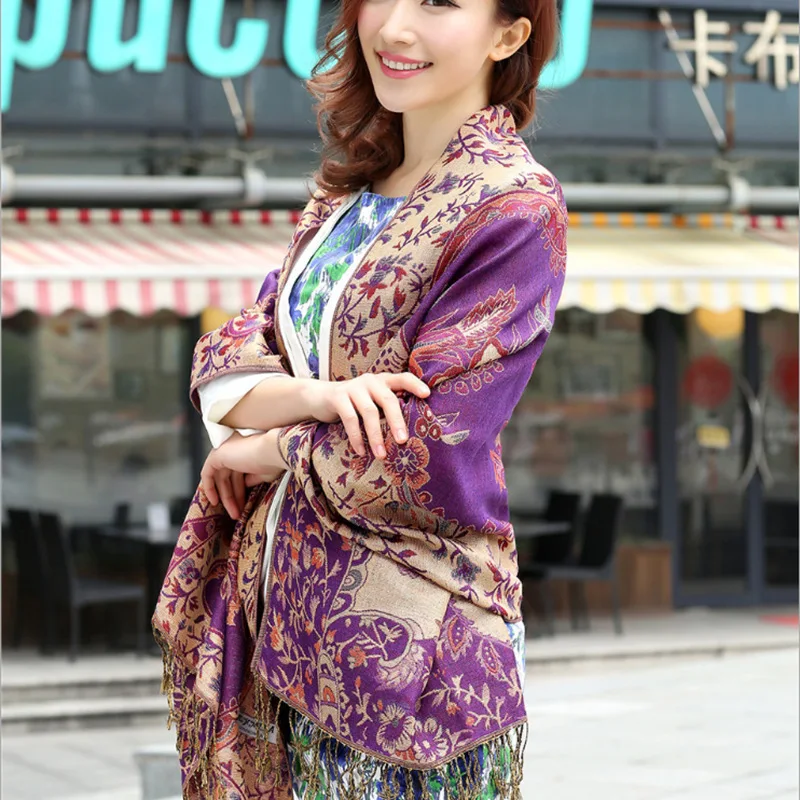 Pashmina Silk Scarf Shawl Wrap Paisley Jacquard Flowers Borders Rave 2 Layers Reversible Classic Tassels For Women