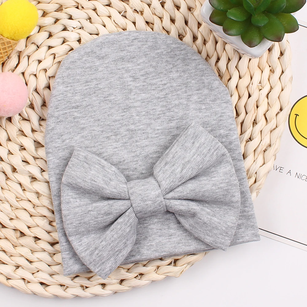 Baby Girl Customized Infant Beanie with Plain Bow 100% Cotton Hospital Warm Hat Newborn for Autumn