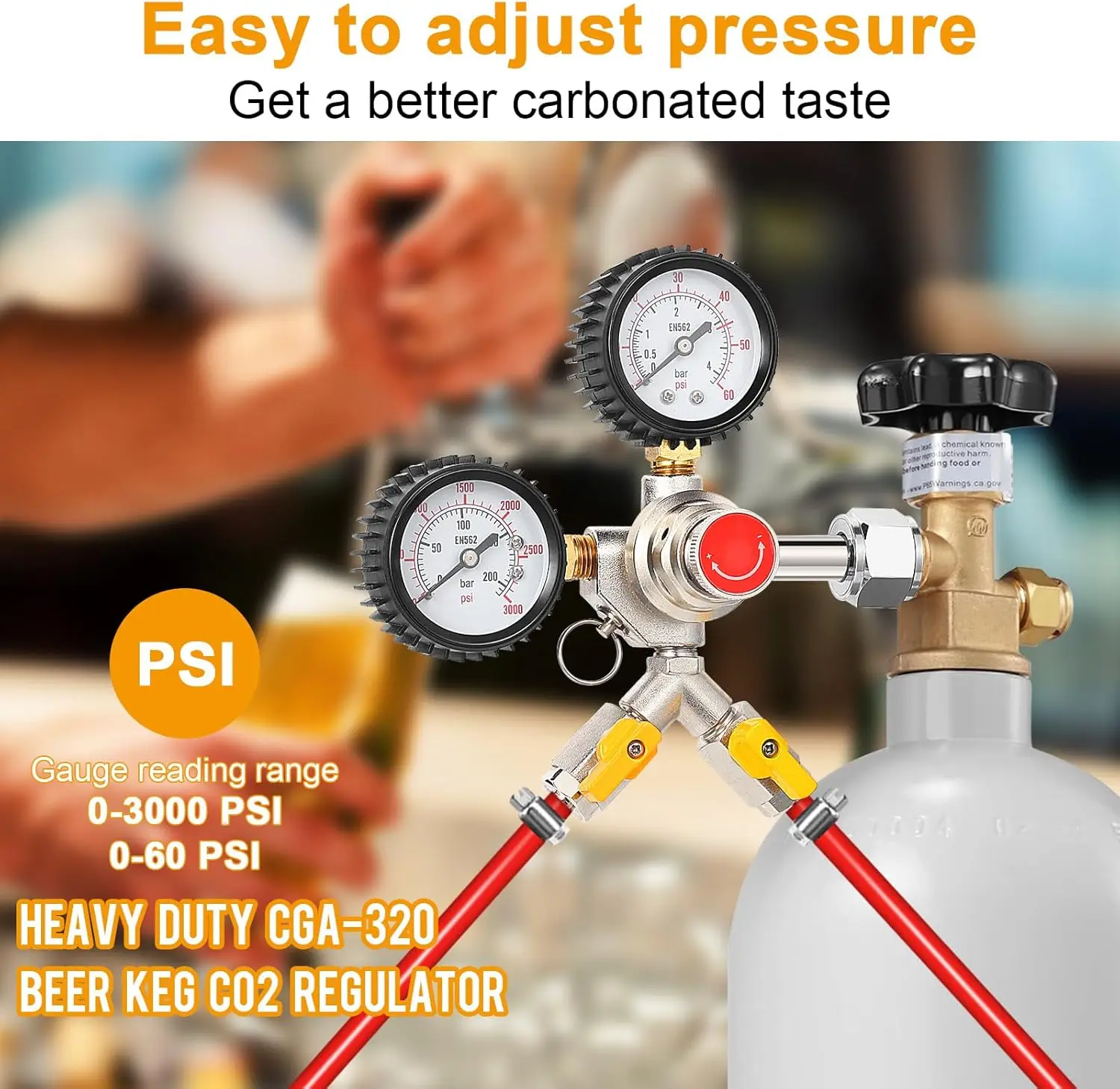 CGA320 Y Type CO2 Regulator,  Adjustable Pressure Regulator with 2 Barbs and Safety Valve for Draft Beer Homebrew