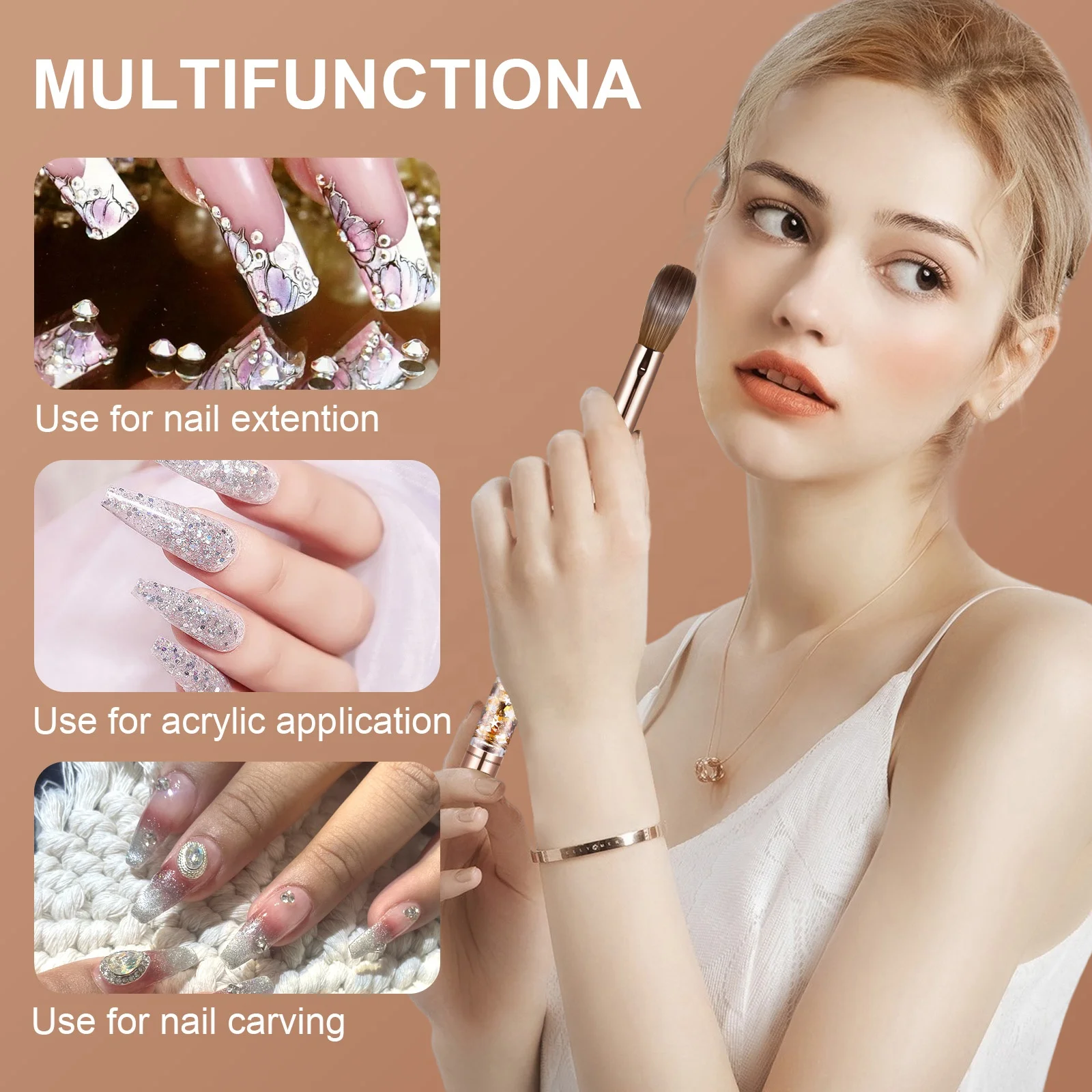 Kolinsky Nail Brushes Gold glitter Metal Handle Nail Art Manicure Tool For Acrylic Application Crimped Acrylic Brush For Nails