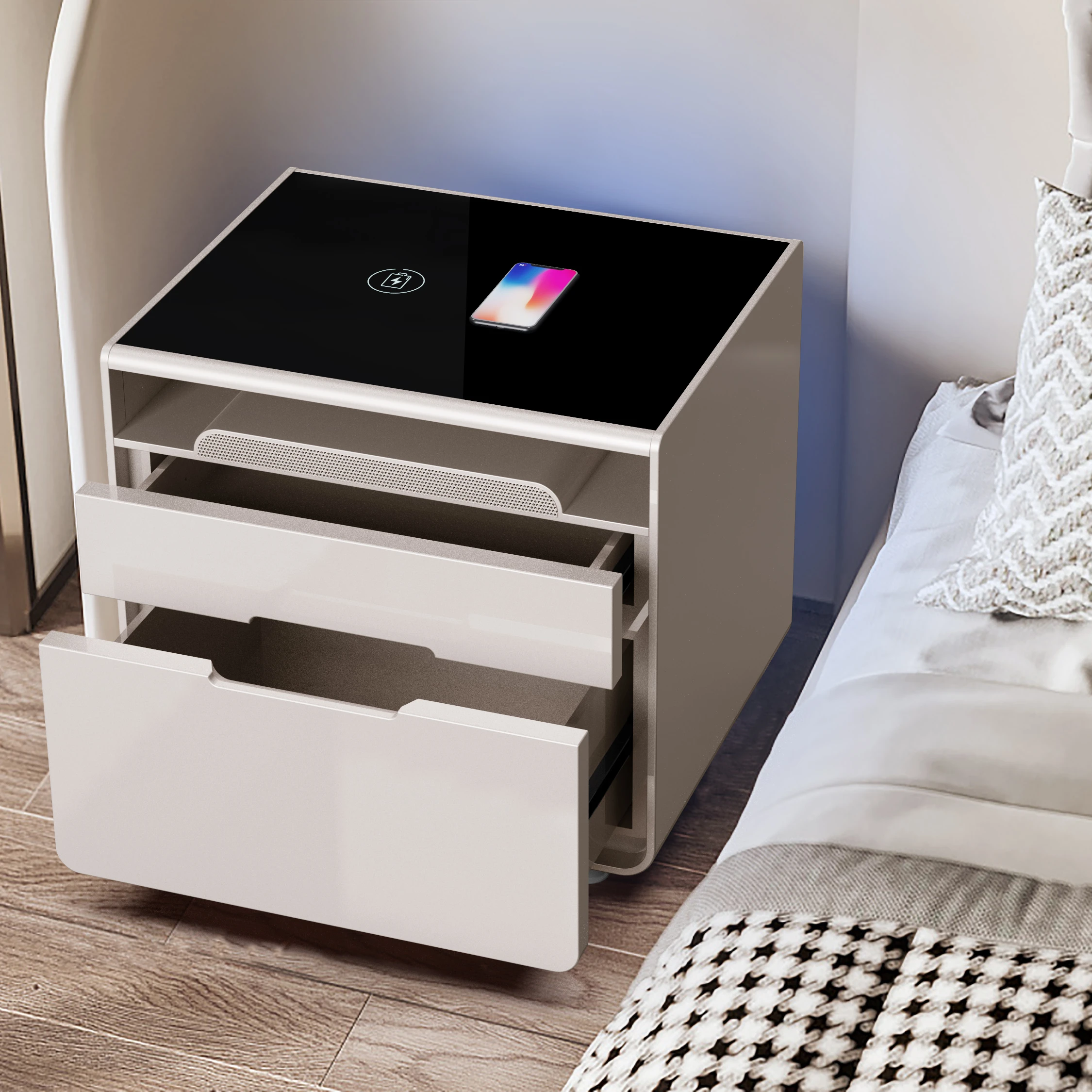 
Newest design side table modern bedside table manually control led wireless charging sofa side tables white 