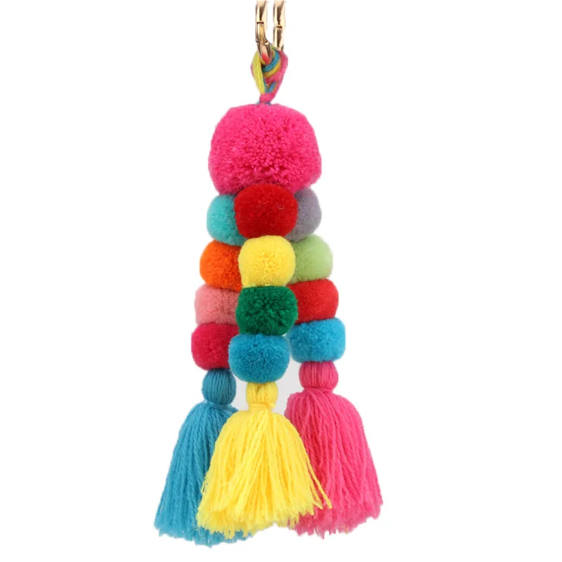 Bohemian Colorful Handmade Hairball Pompones Keyring For Women Girls Bag Boho Accessories Purse Charm Keychains Jewelry