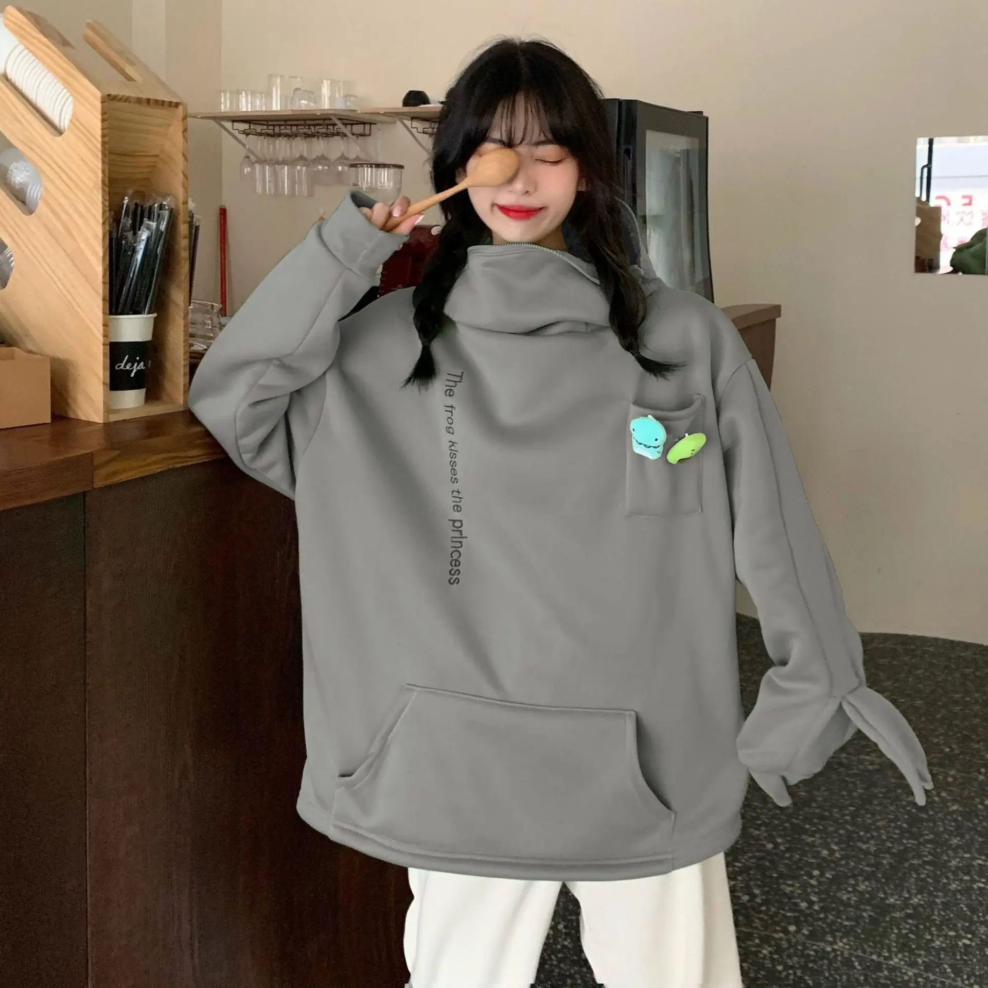 Hip Hop Hoodies Zipper Women Hoodie Frog Pullover Winter Sweatshirts Hooded
