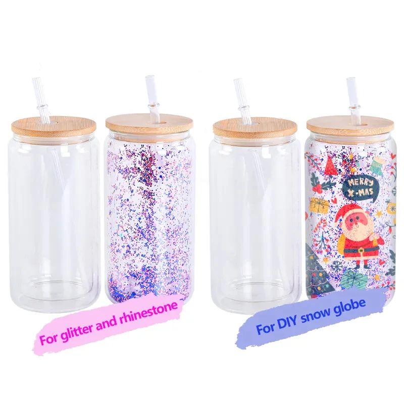 Custom Snow Globe Diy Glass Mugs Double Walled Can Glass Blank Sublimation Logo Color Glass Tumbler with Bamboo Lid for Party